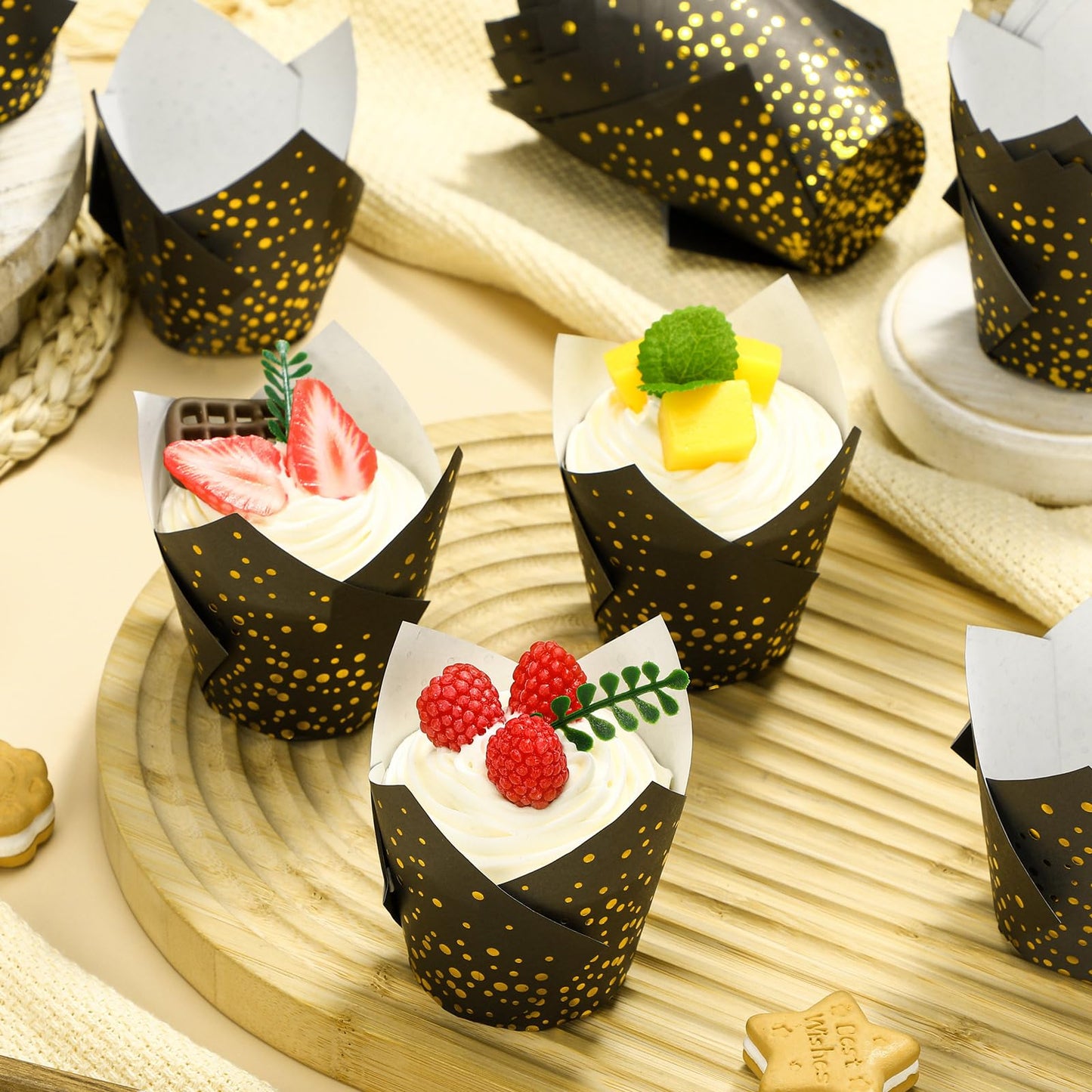 Gerrii 200 Pcs Black Gold Dot Tulip Cupcake Liners Graduation Mini Paper Baking Cups Cupcake Wrappers Muffin Liners for Wedding Tea Party Bridal Baby Shower Decoration