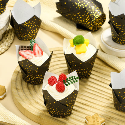 Gerrii 200 Pcs Black Gold Dot Tulip Cupcake Liners Graduation Mini Paper Baking Cups Cupcake Wrappers Muffin Liners for Wedding Tea Party Bridal Baby Shower Decoration