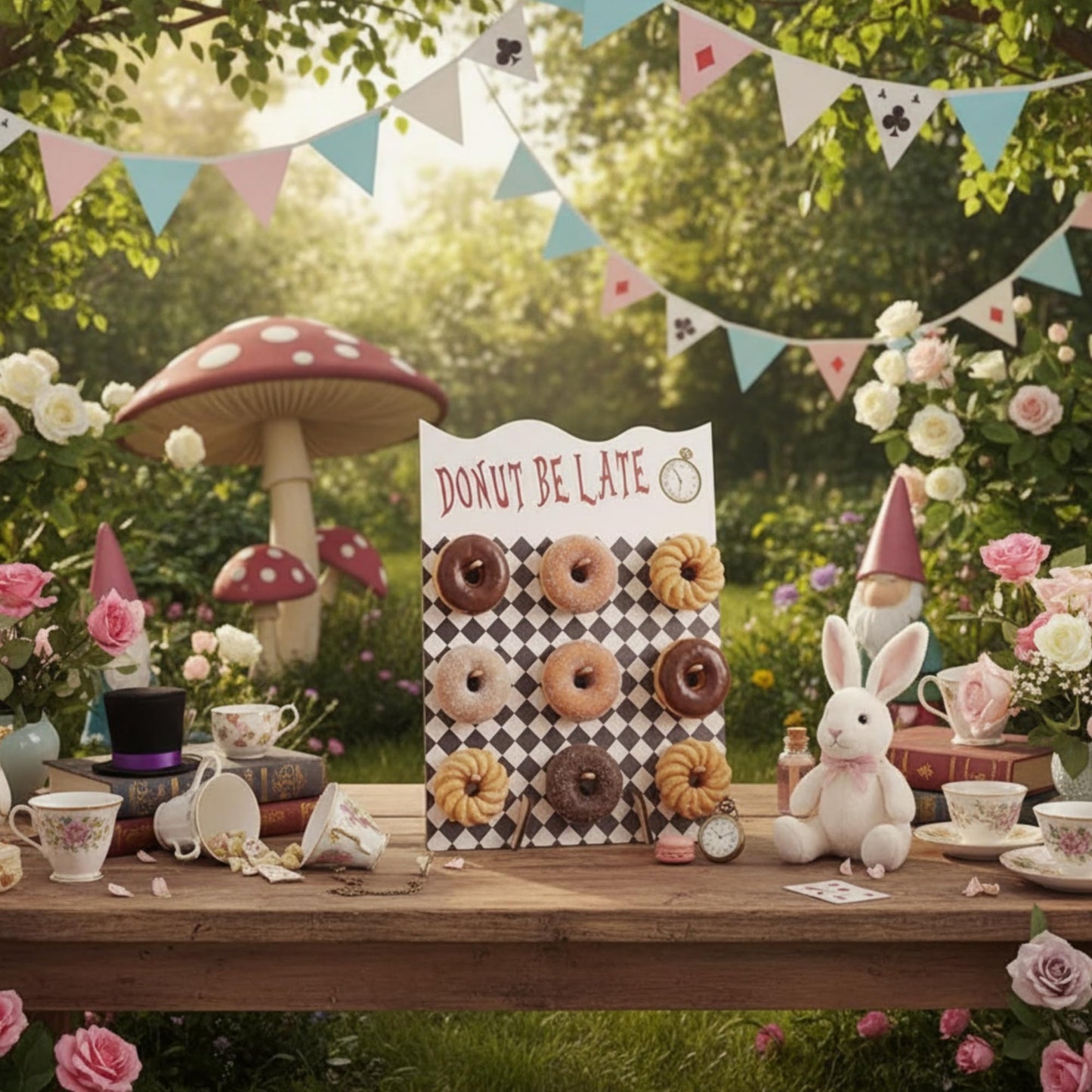 Suclain 16 x 12 Inches Wonderland Party Decoration Donut Wall Display Stand 9 Holes Wooden Donut Bagel Display Holder Board Wonderland Tea Black and White Checkered Stands for Birthday Tea Parties