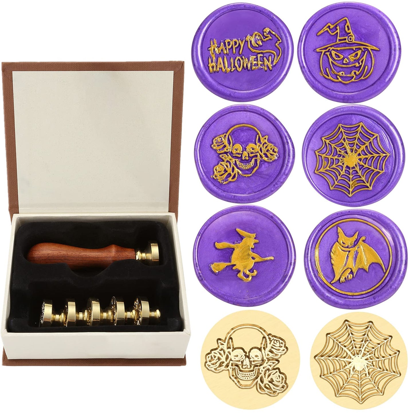 Yoption 6 Pcs Wax Seal Stamp Set, Halloween Sealing Wax Stamps Kit, Wooden Handle with Brass Head for Halloween Invitation Gift Cards