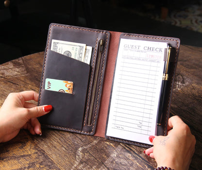 Server Book Organizer with Zipper Pocket, Genuine Leather Restaurant Guest Check Presenters Card Holder for Waitress, Waiter Accessories Fit Server Apron - Coffee