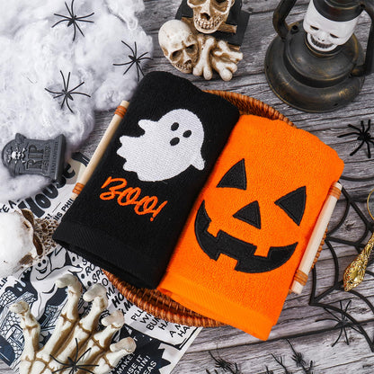 JarThenaAMCS Halloween Hand Towels Boo Ghost Pumpkin Face Embroidered Cotton Bathroom Towel Absorbent Bath Towel for Hand Drying Cleaning Cooking, 29.5 x 13.7 Inch, 2Pcs