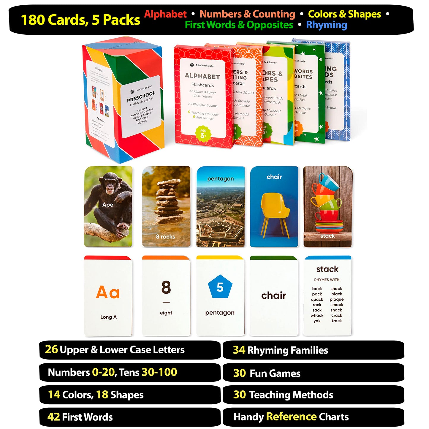 Award-Winning Flash Cards for Preschool & Kindergarten – 5-Deck Set, 180 Jumbo Cards – Learn Alphabet, Numbers, Colors, Shapes, First Words, Opposites & Rhyming – for Kids Ages 2–5