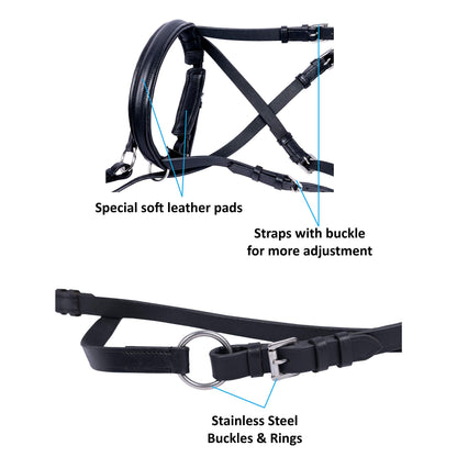 Wonder Care Genuine English Leather Crossover Crossunder Bitless Bridle for Horse Headstall with Reins