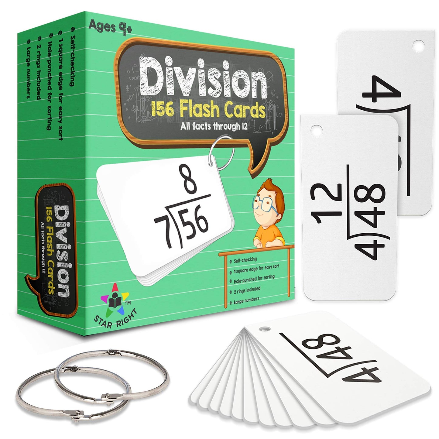 Star Right Math Flash Cards - Division Flash Cards - 156 Hole Punched Math Game Card - 2 Binder Rings - for Ages 8 and Up - 3rd, 4th, 5th and 6th Grade