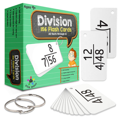 Star Right Math Flash Cards - Division Flash Cards - 156 Hole Punched Math Game Card - 2 Binder Rings - for Ages 8 and Up - 3rd, 4th, 5th and 6th Grade