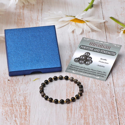 QOGIR Silver Obsidian - Fortune and Strength - 14K Gold Plated Beads Natural Gemstone Stretch Elastic Dainty Healing Beaded Bracelets Gifts 6mm