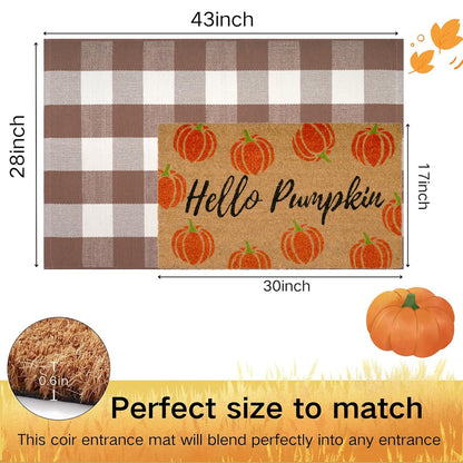 Fall Decor Door Mat Combo Set, Hello Pumpkin Coco Coir Welcome Doormat + 28" x 43" Mocha and White Plaid Rug, Autumn Thanksgiving Front Porch Entryway Decor Floor Mats