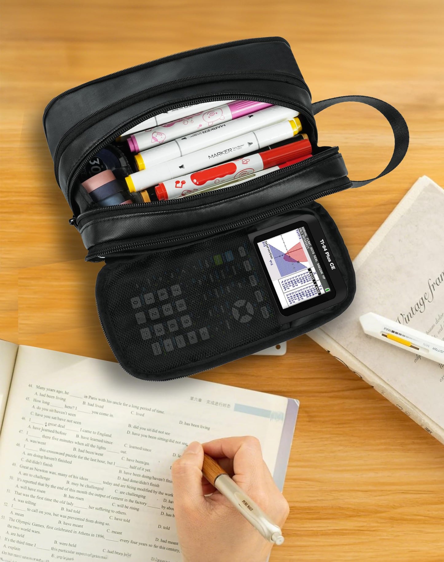 Fmeida Pencil Case Pouch Expandable - Large Pencil Pouch Aesthetic Pencil Bag with 5 Compartments Office Stationery Organizer Pen Bag with Handle for Adult Men Women - Black PU