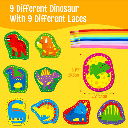 SpriteGru 9 Pieces Kids Lacing Cards, Double Sided Sewing Cards in 9 Dinosaurs with 9 Colorful Laces, Imagination Development Lacing Toys Games for Children Educational and Learning Activity