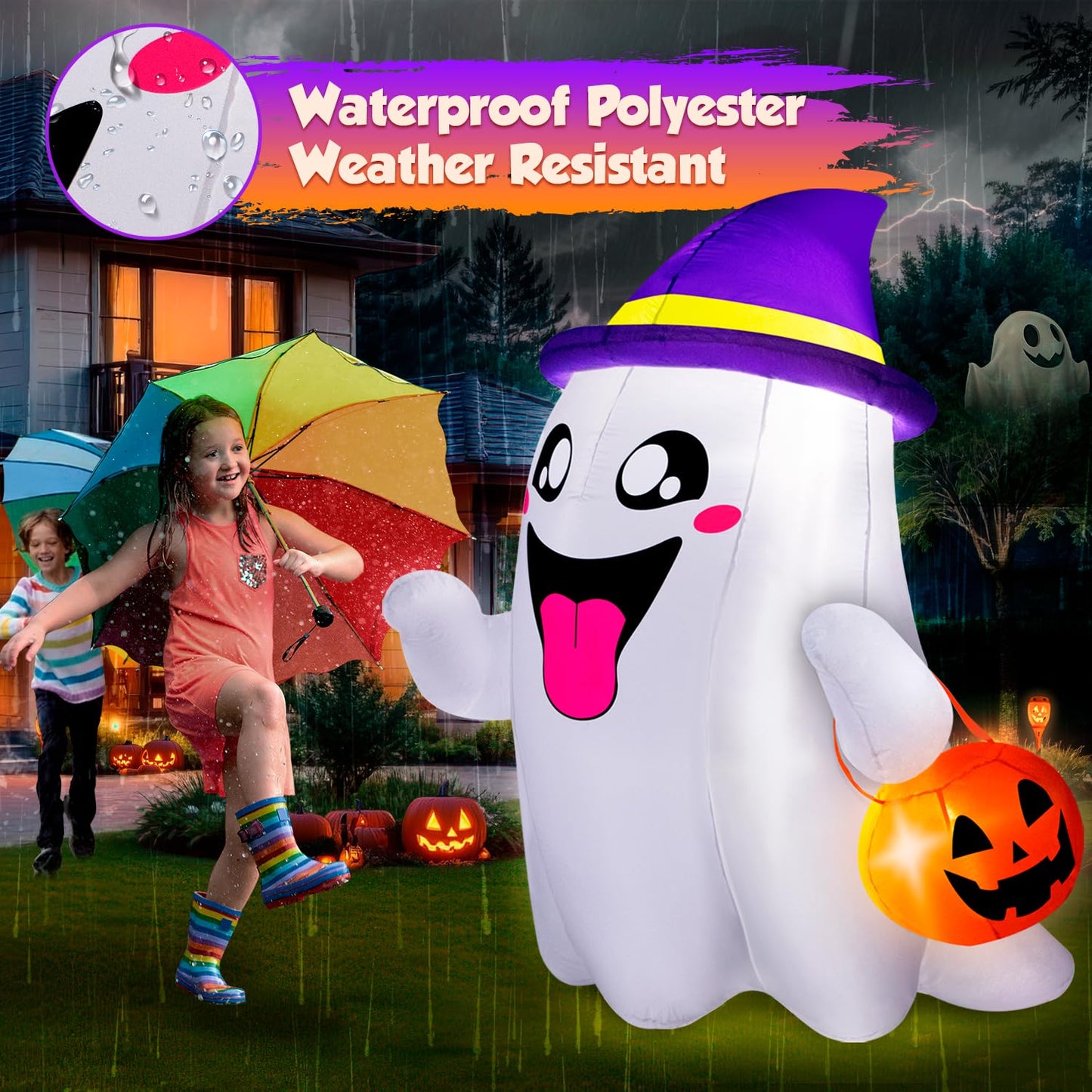5FT Halloween Inflatables Ghost with Pumpkin Halloween Decorations Outdoor Built-in Bright LED Lights Blow Up Yard Decoration Blowups for Garden Lawn Indoor Party Holiday