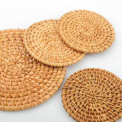 Yiksonyo 12 PC 3.15 inch Rattan Coasters, Handmade Wicker Drink Coasters with Matching Holder, Natural Round Rattan Placemats for Coffee Table, Bar, and Home Décor