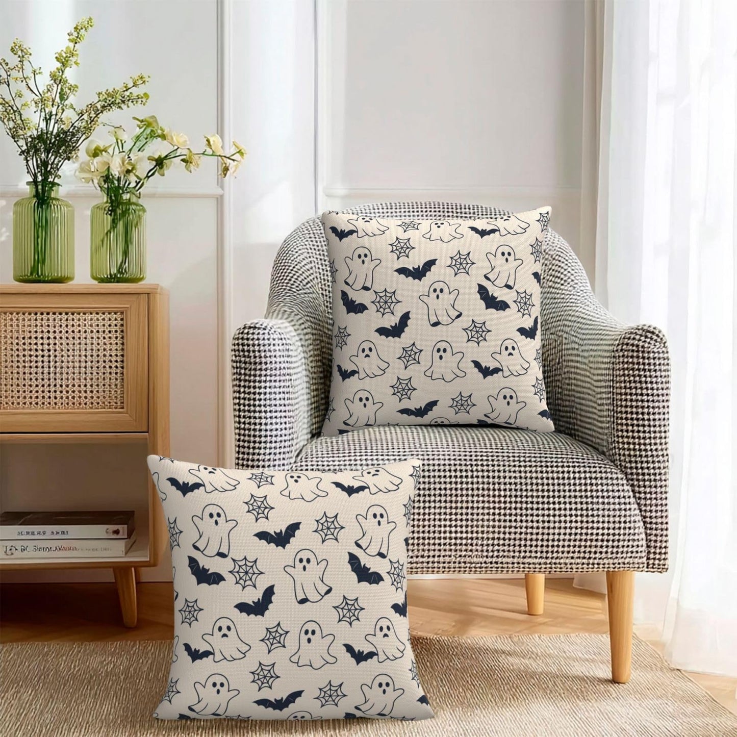 KiuLoam Cute Halloween Pillow Covers 18x18 Set of 2, Black Ghost Bats Spider Webs Print Decorative Throw Pillow Cases, Rustic Farmhouse Style Outdoor Cushion Covers for Sofa Couch Living Room Bed