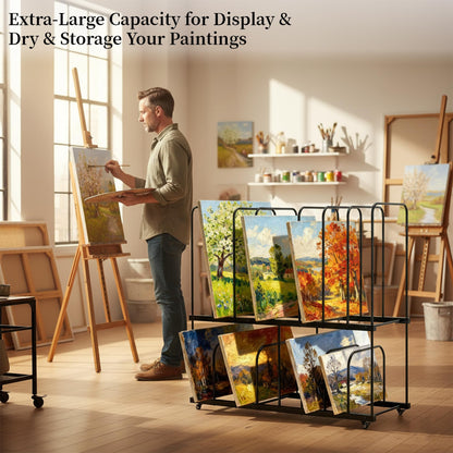 Tredre 2-Tier Art Storage Rack with Wheels, Extra-Large Adjustable Art Drying Painting Rack, Metal Canvas Storage Display Stand for Art Studio, Classroom and Gallery, 38.5" x 39.5" x 16" (Black)