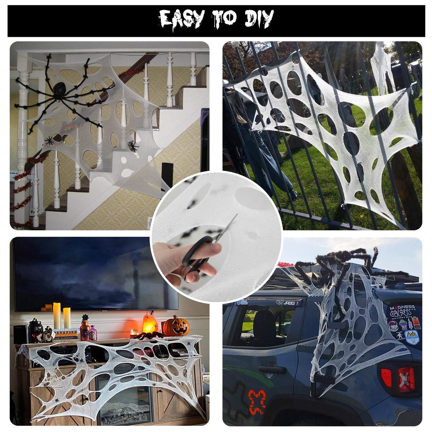 CESOF Giant Spider Web Halloween Decorations Outdoor, Pre-Cut Beef Netting Spiderwebs Super Stretchy DIY Spider Webbing with Stakes, Gauze Cobwebs for Haunted House Yard Garden Home Indoor Party Decor