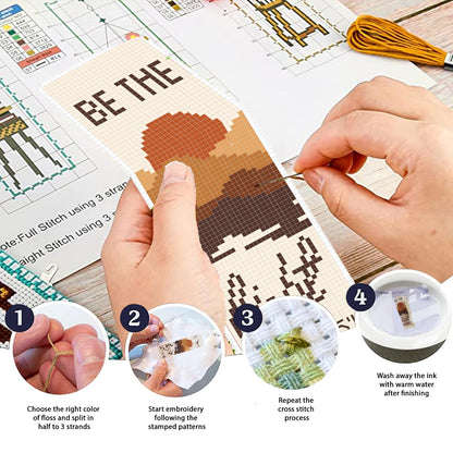 FREEBLOSS 11CT 6 Set Cross Stitch Bookmark Kit Landscape Stamped Embroidery Bookmark Kit with Instructions 6 Back Felt Bookmarks Making Set for Adults Book Lovers, 8"x2.4"