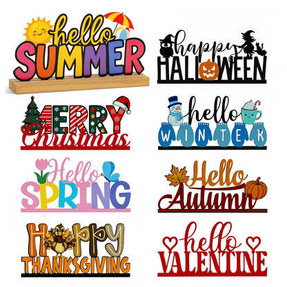 Interchangeable Seasonal Decor Table Sign Set with Wooden Base, 8PCS Holiday & Seasonal Signs for Home Decor, Farmhouse Tiered Tray Decor for Spring Summer Autumn Winter Christmas Halloween