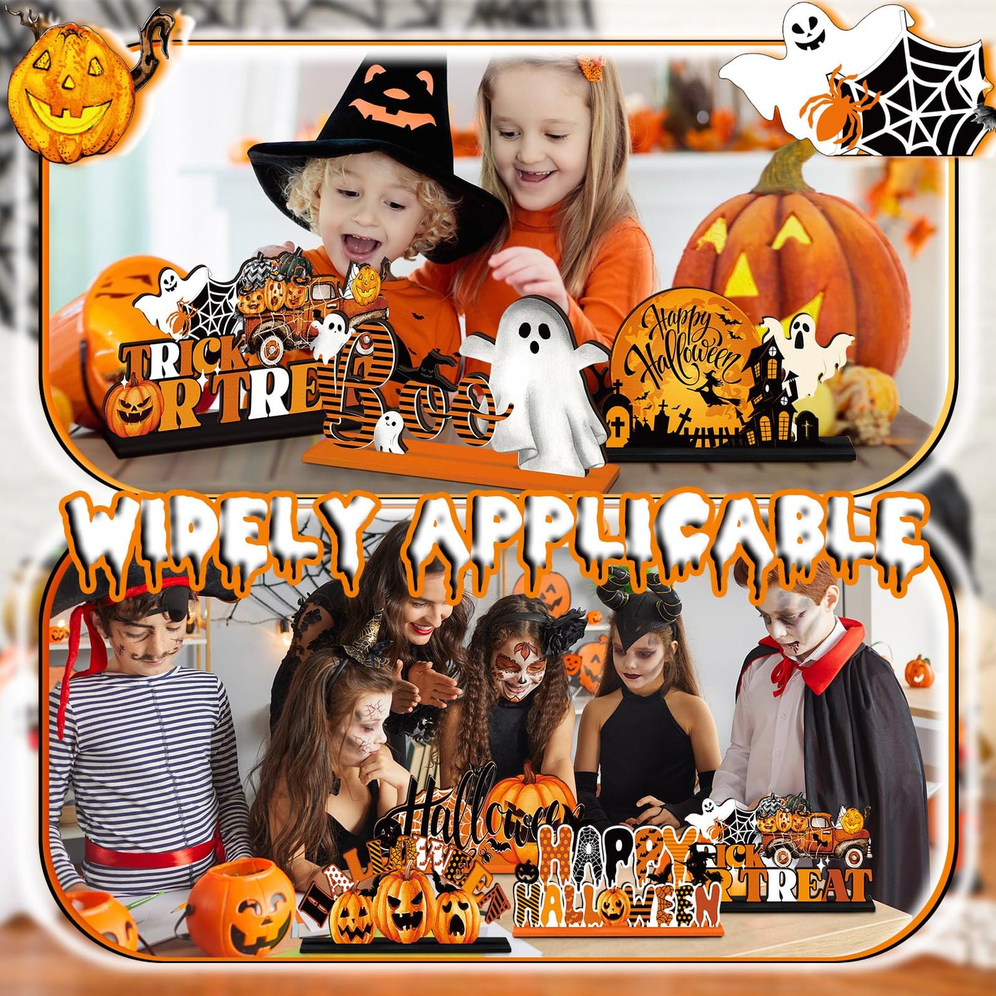 6 Pcs Happy Halloween Table Decorations Pumpkin Ghost Table Centerpiece Witch Trick or Treat Boo Wooden Sign with Letter for Home Halloween Party Decorations Indoor Outdoor