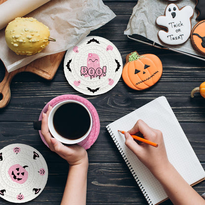 Whaline 4Pcs Halloween Handmade Braided Cotton Coasters Pink Black Pumpkin Ghost Boo Drink Coasters Absorbent Cup Mat for Home Office Party Decor, 4.3 Inch