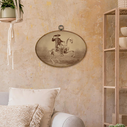 kdqua Funny Western Cowboy Skeleton Oval Wall Art Decor, Western Canvas Artwork Framed, Rustic Spooky Skeleton Skull Wall Hanging Decorations for Home Living Room Bedroom, 11.4x8.6 Inch