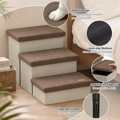 3-Step Wide Dog Stairs with Hidden Storage 18" H, Non-Slip Dog Steps for High Bed Couch Car, Jiont-Friendly Pet Stairs Ramp for Small/Medium/Large Old Dogs Cats Up to 220lbs, Beige&Coffee Lid