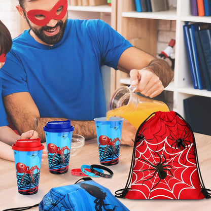 Potchen 48 Pcs Spider Party Favors Birthday Party Supplies Includes Drawstring Bag Backpack Plastic Goodie Cups with Lids Bracelets for Summer Fillers Stuffers Birthday Favors Rewards Gifts