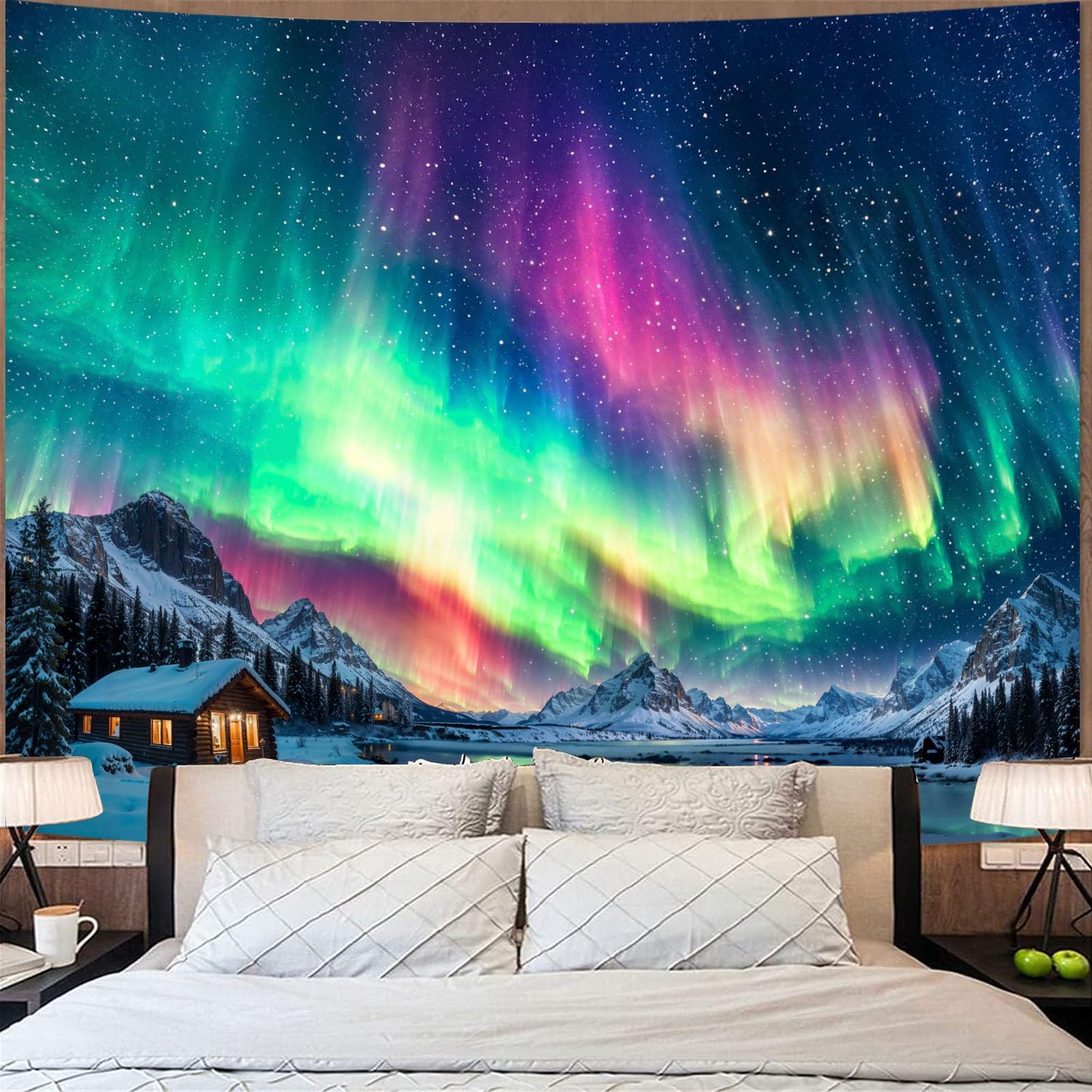 Spenlife Winter Aurora Borealis Cabin Tapestry, Scenic Northern Lights Mountain Wall Hanging for Cozy Bedroom Living Room Decor, 60x44 Inch