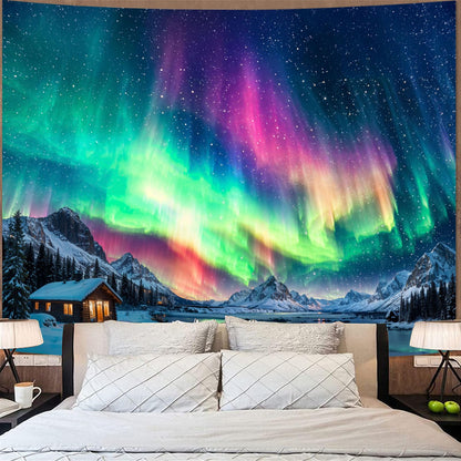 Spenlife Winter Aurora Borealis Cabin Tapestry, Scenic Northern Lights Mountain Wall Hanging for Cozy Bedroom Living Room Decor, 60x44 Inch