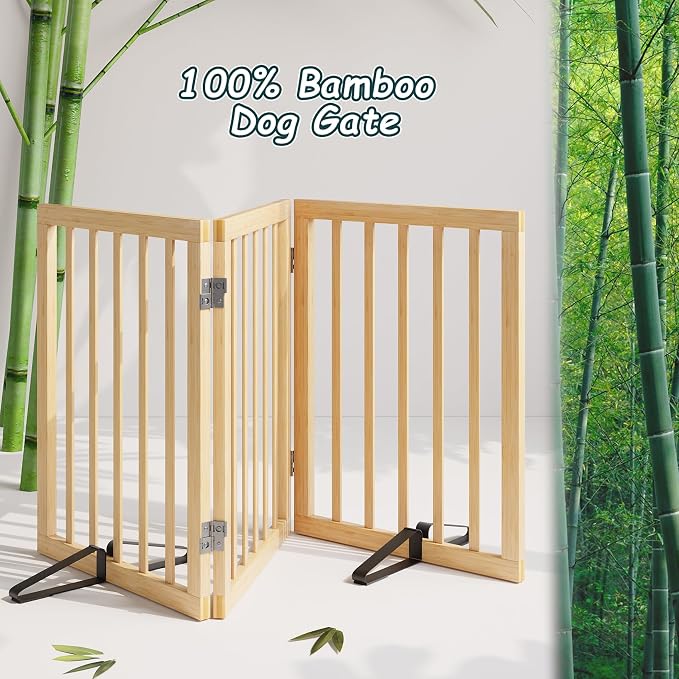 Semiocthome Bamboo Freestanding Dog Gates for Doorways, 3-Panel Indoor Puppy Gates for The House with 2 Metal Stands, 24"(H) Folding Pet Gate for Stairs Expands Up to 55"(W) No Installation Resquired