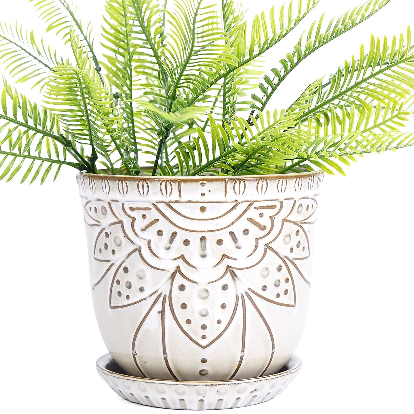 VanEnjoy 5.9 inch Round Bohemian Style Ceramic Planter, Geometry Engrave Off White Brown Planter Flower Pot, Indoor Outdoor Decorative Planter
