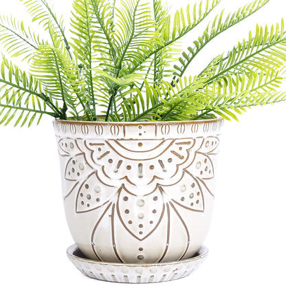VanEnjoy 5.9 inch Round Bohemian Style Ceramic Planter, Geometry Engrave Off White Brown Planter Flower Pot, Indoor Outdoor Decorative Planter