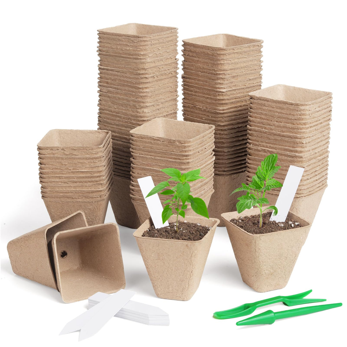 KOAMLY Square Peat Nursery Pots 150 Pcs 3in Biodegradable and Label, Used for Outdoor Gardens in Plant Nurseries