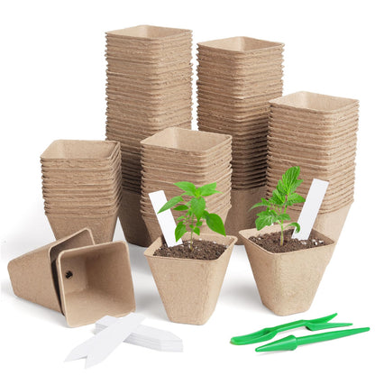 KOAMLY Square Peat Nursery Pots 150 Pcs 3in Biodegradable and Label, Used for Outdoor Gardens in Plant Nurseries