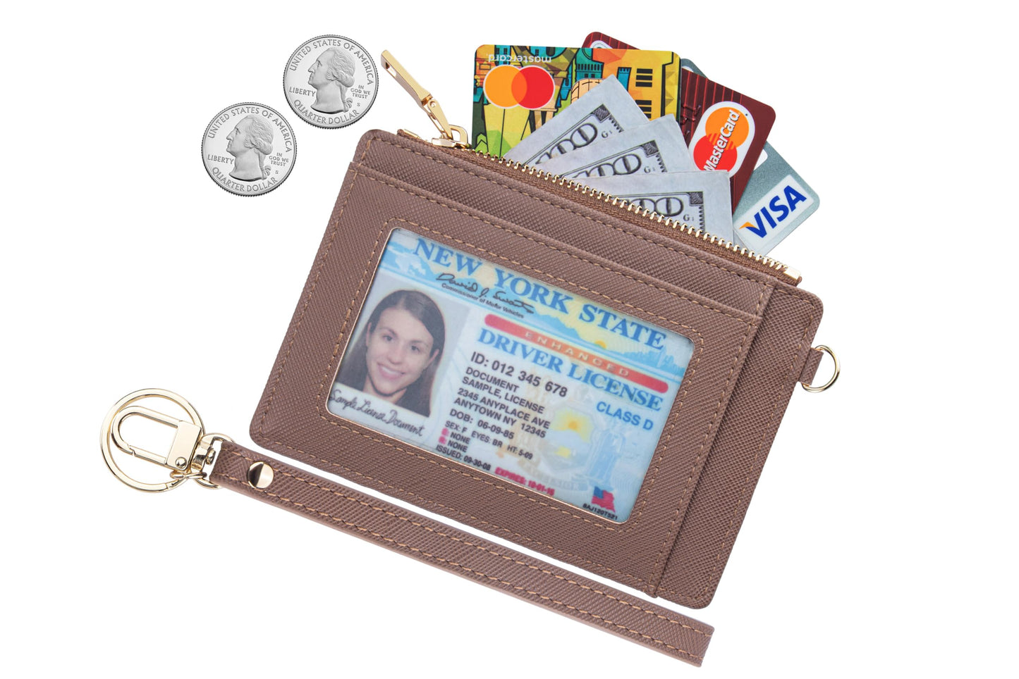 Women Slim Rfid Blocking Credit Card Case Holder Wristlet Zip ID Case Wallet Small Compact Leather Wallet Coin Purse with Keychain (Camel)