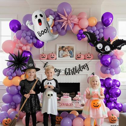 Pastel Halloween Birthday Balloon Garland arch Kit 130 Pcs Purple Pink Orange Balloons + Bat Ghost Mylar Balloons for Spooky Halloween Arch Booday Summerween birthday Party Decorations