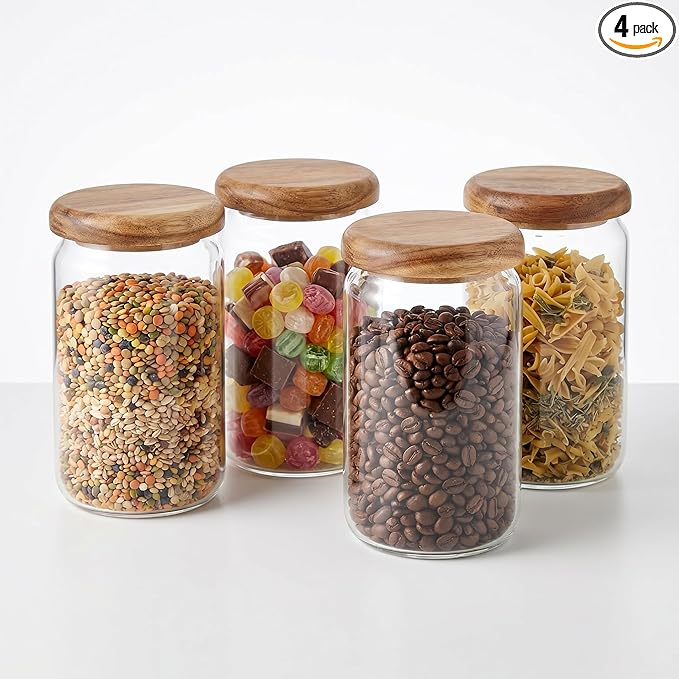 4-Pack 23 oz Glass Jars with Wooden Lids, Spice Jars | Wide mouth for scooping. Solid acacia wood lids & spoons (no plastic). Airtight seal. For coffee, oats, spices, dry goods.