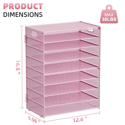 Marbrasse Paper Organizer Letter Tray, 9 Tier Mesh File Organizer with Handle, Paper Sorter Desk Organizer for Home Office Supplies - Pink