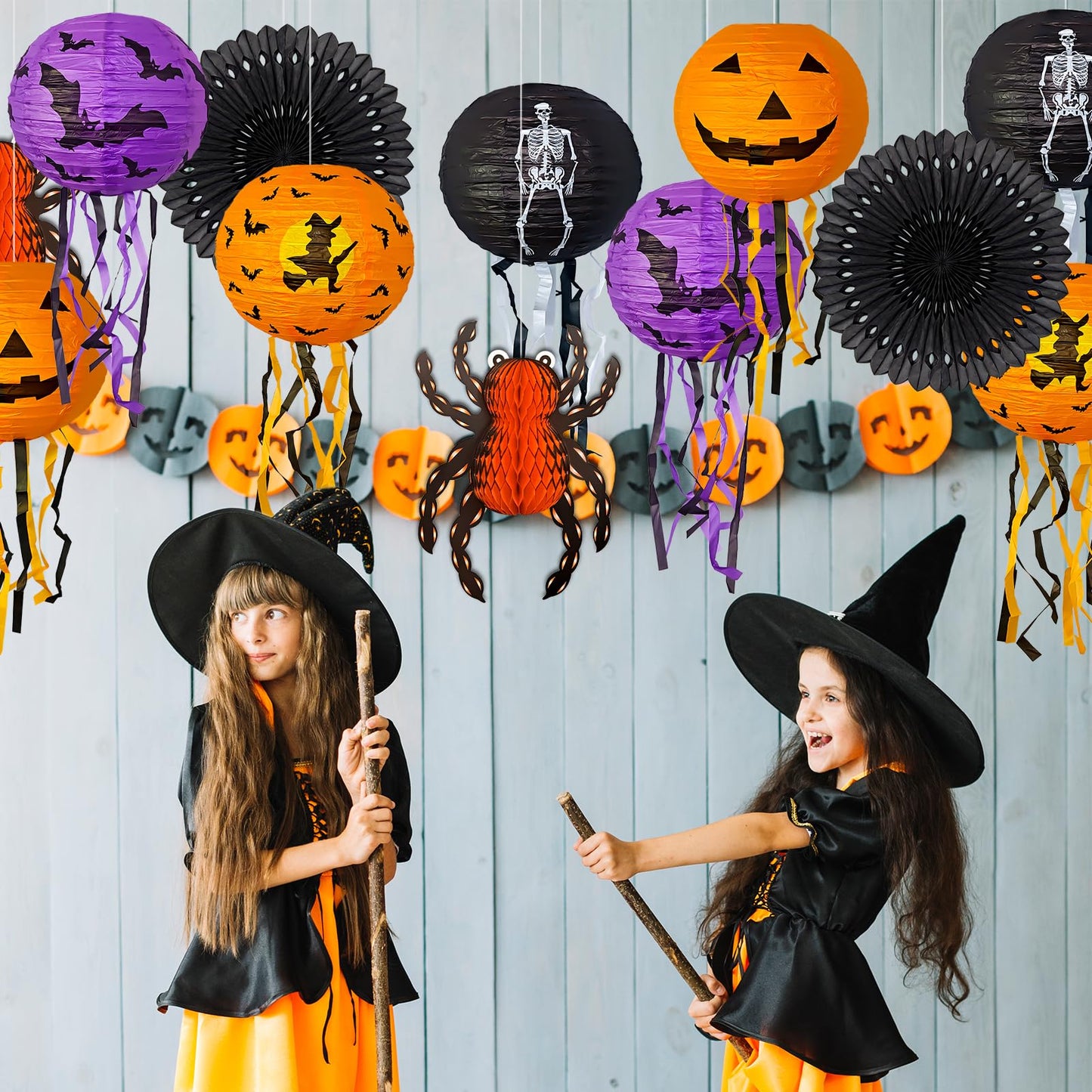 12Pcs Halloween Decorations Paper Lanterns with Led Lights, Hanging Pumpkin Bat Skeleton Lanterns Spider for Indoor & Outdoor Spooky Home Decor Halloween Party Supplies Props 10" 12"
