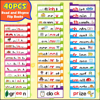 40 Read and Rhyme Flip Books,Phonics Word Family Build Book Learn to Read Phonics Flash Cards,Sight Words Flash Cards Kindergarten Reading Books,Flip Book Word Games for Preschool Learning Activities