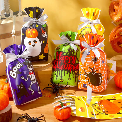 Aliceset 50 Pcs Small Halloween Drawstring Treat Goodie Bags - Plastic Spider Ghost Skeleton Gift Bags for Halloween Birthday Party Favors