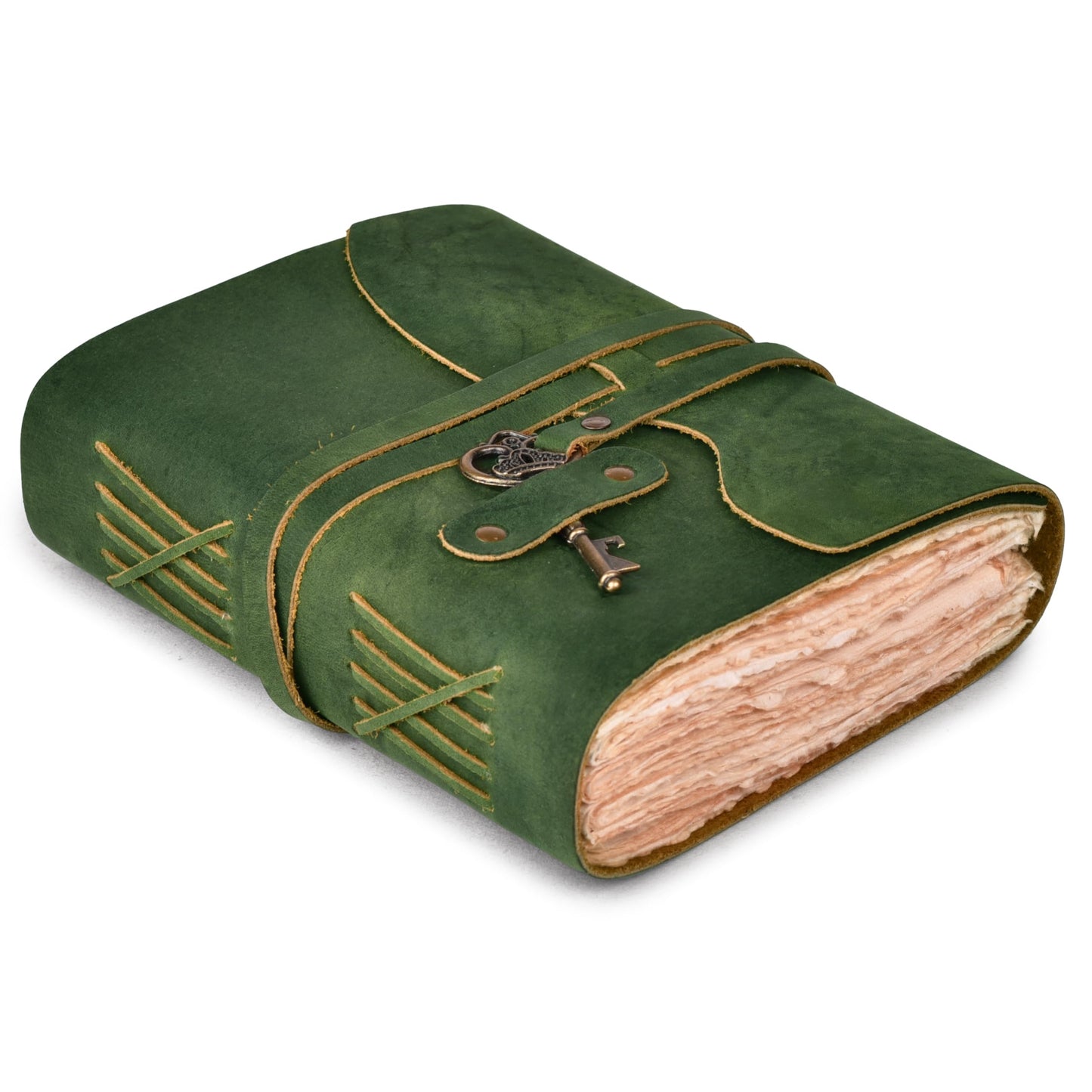 LEATHER VILLAGE Vintage Leather Journal – 200 Handmade Vintage Deckle Edge Paper – Leather bound Journal For Women Men – Vintage Key Closure - Book of Shadows - Green - 8X6 inches (A5)