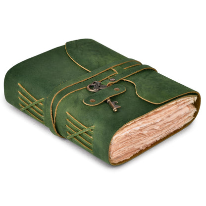 LEATHER VILLAGE Vintage Leather Journal – 200 Handmade Vintage Deckle Edge Paper – Leather bound Journal For Women Men – Vintage Key Closure - Book of Shadows - Green - 8X6 inches (A5)