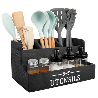 SHAXIXI Wooden Kitchen Utensil Holder, Farmhouse Country Style Kitchen Countertop Organizer, Selected Tung Wood, 11.4 X 6.1 X 5.8 Inches