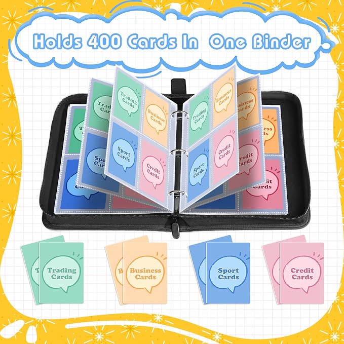Premium 4 Pocket Trading Card Binder,400 Capacity with 50 Removable Sleeves | PU Leather Zipper Album Book for Sports Cards, Game | Card Storage & Organization for Girls Collector Sky Blue
