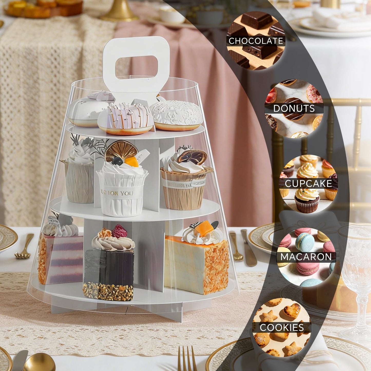 FZJ 3-Tier Cupcake Stand, 5 Set Cardboard Cupcake Tower with Clear Cover, Dessert Cup Cake Stand Tower for Birthday Wedding Party Decoration,Afternoon Tea Stand, Cupcake Tier Stand