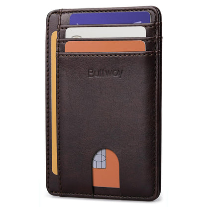 Buffway Slim Minimalist Front Pocket RFID Blocking Leather Wallets for Men and Women - Pebble Brown