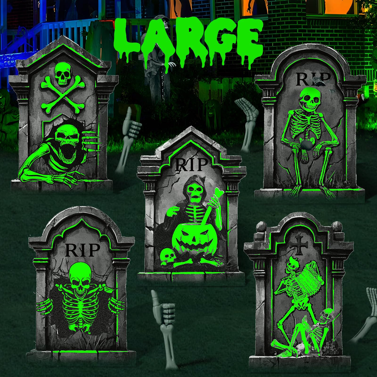 25.2in Halloween Tombstones Outdoor Decor Glow in The Dark - 5PCS Tombstones for Graves Halloween Gravestones Decorations, Spooky Halloweens Decorations Yard Signs for Graveyard Haunted House