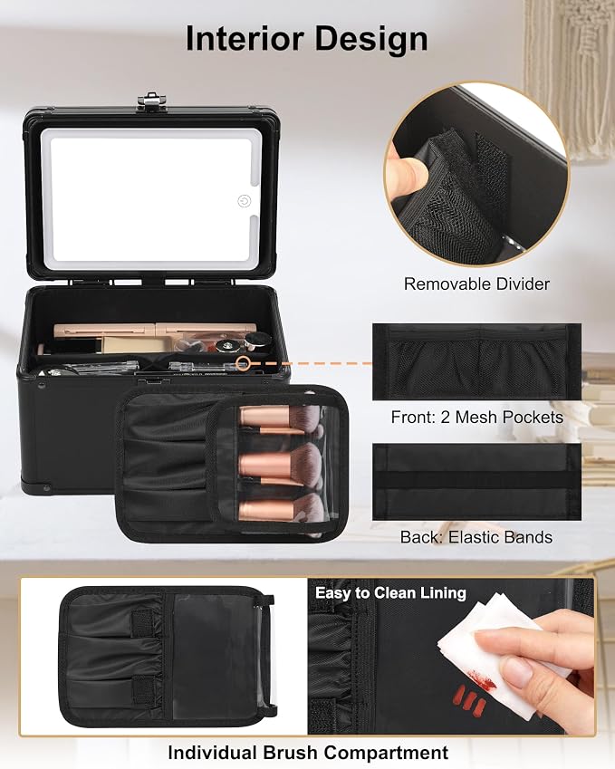 Relavel Makeup Bag with LED Mirror, Travel Cosmetic Train Case with 3 Colors Light up Mirror, Portable Makeup Aritst Storage Organizer Box with Brush Holder, Birthday Gifts for Women and Girls, Black