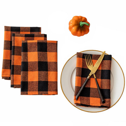 Joyfol Day 4-Pack Orange Buffalo Plaid Cloth Napkins - 17x17 Inch Halloween & Fall Checkered Dinner Napkins, Washable for Thanksgiving Table Decor (Set of 4)