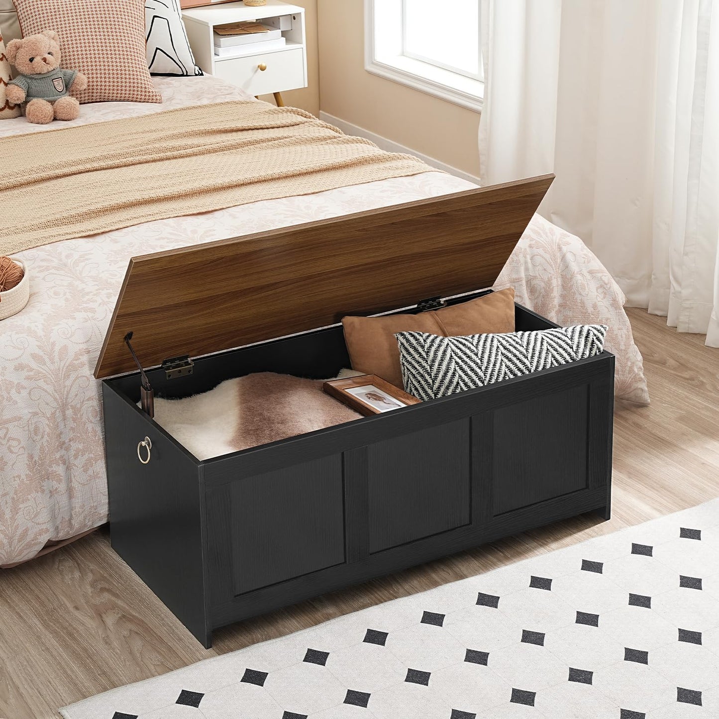 HOOBRO Storage Bench, 39.3" Retro Wooden Storage Chest, Wooden Storage Trunk, Toy Chest with Lift Top, Multifunctional Entryway Organizer, for Entryway, Living Room, Black and Walnut BH141CW01G1